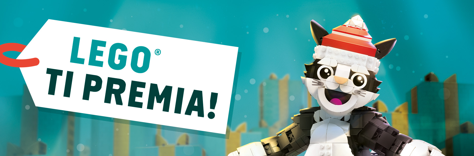 LEGO TI PREMIA - personaggio LEGO a forma di gatto con cappello natalizio